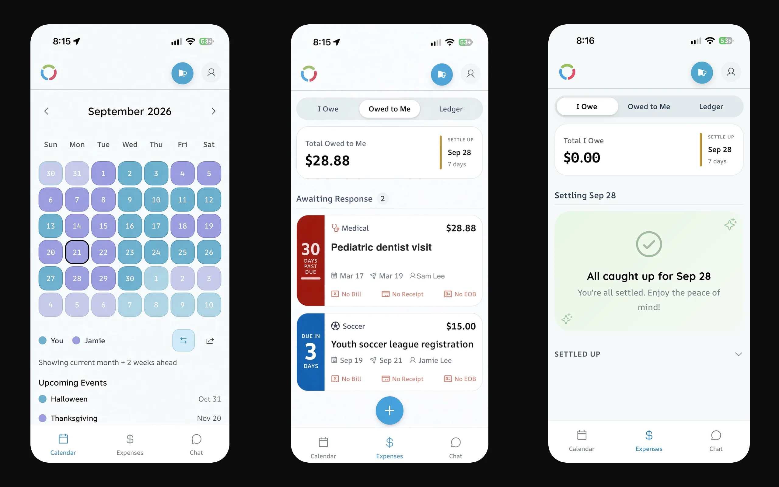 Three phone screens of CoParent360: the shared custody calendar, expenses owed to you, and expenses you owe