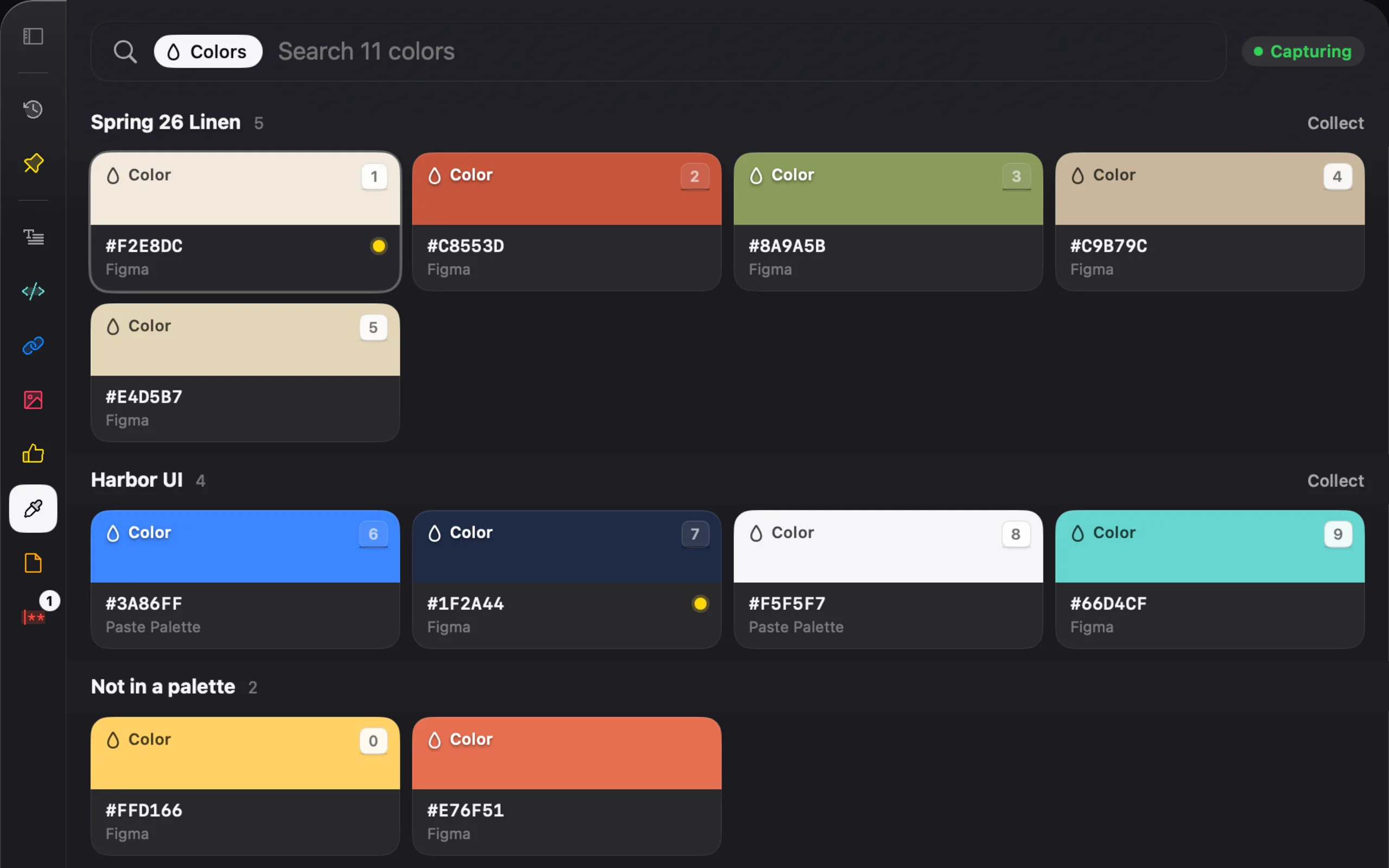 Paste Palette colour library with captured swatches grouped into Spring 26 Linen and Harbor UI