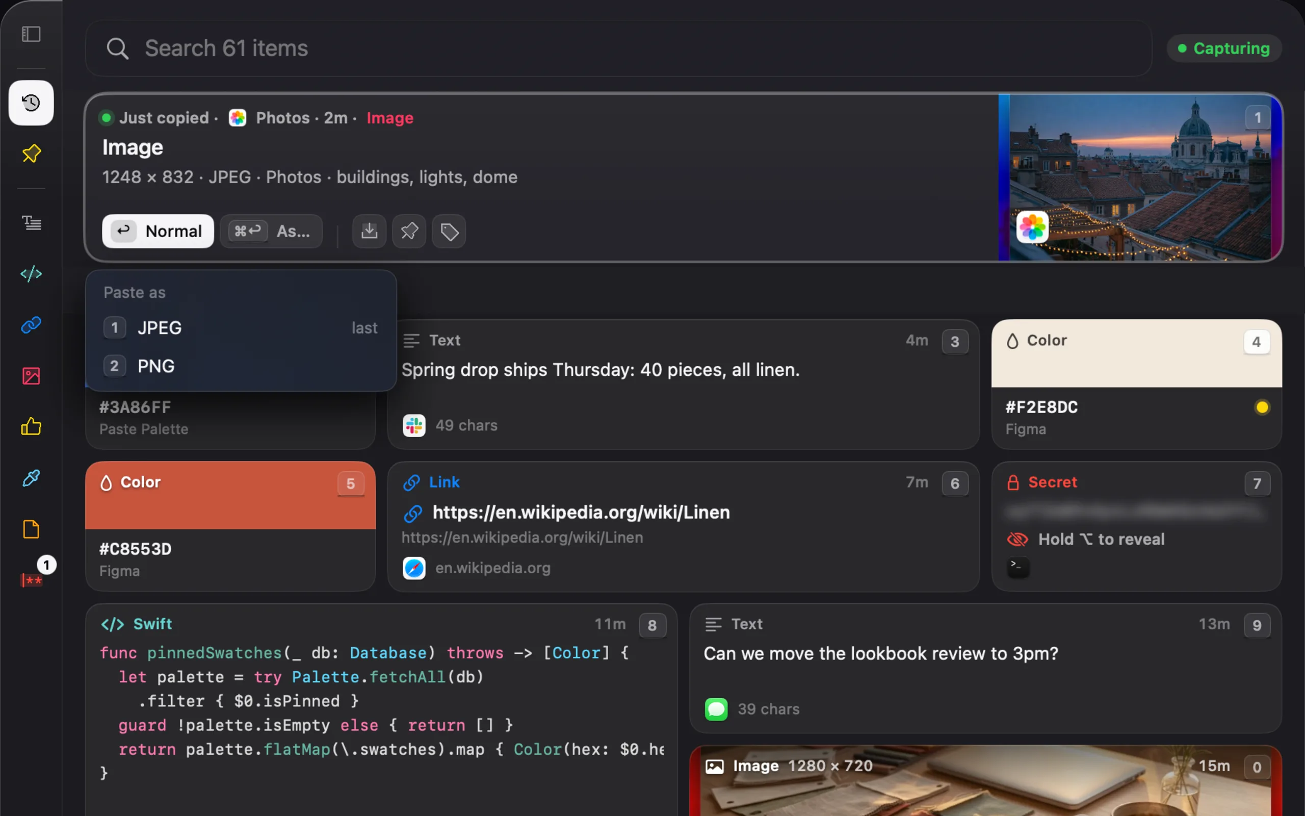 Paste Palette history with a Paste as menu open over a copied photo, beside text, colour, link and Swift code tiles