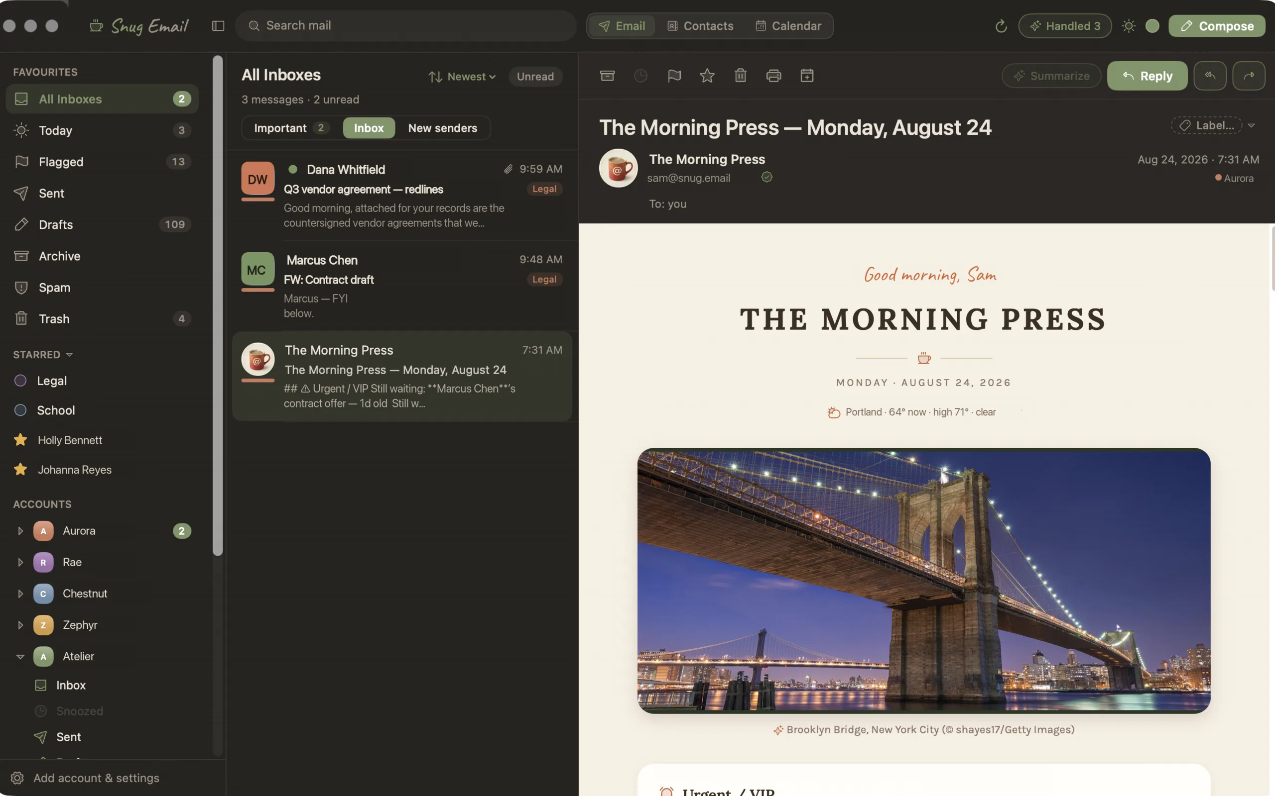 Snug Email inbox with the Morning Press brief open beside the message list