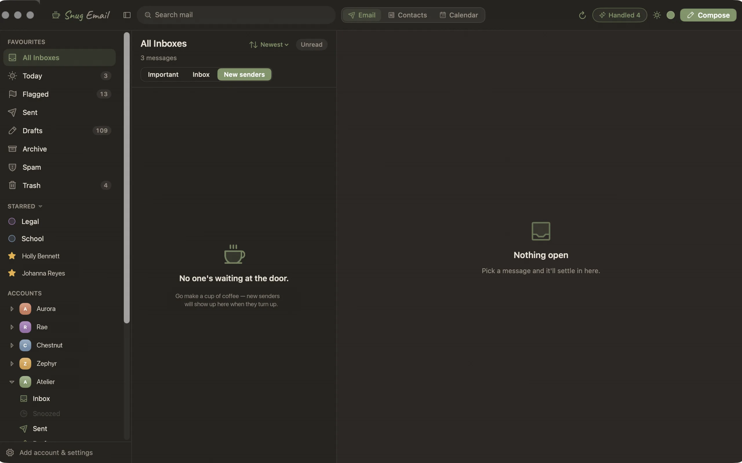 Snug Email on the New senders tab, with nobody waiting at the door