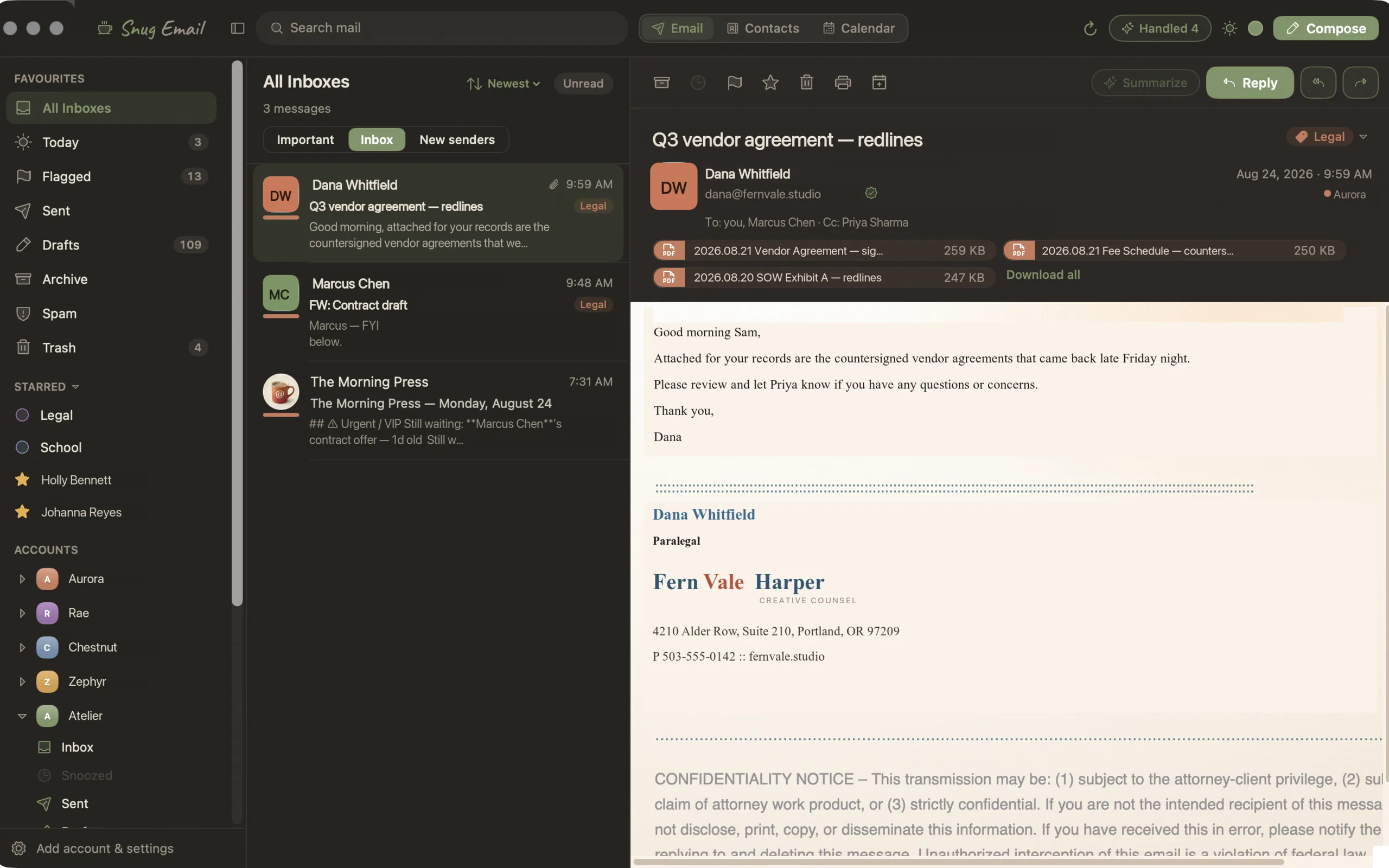 Snug Email reading a vendor agreement thread with three attachments
