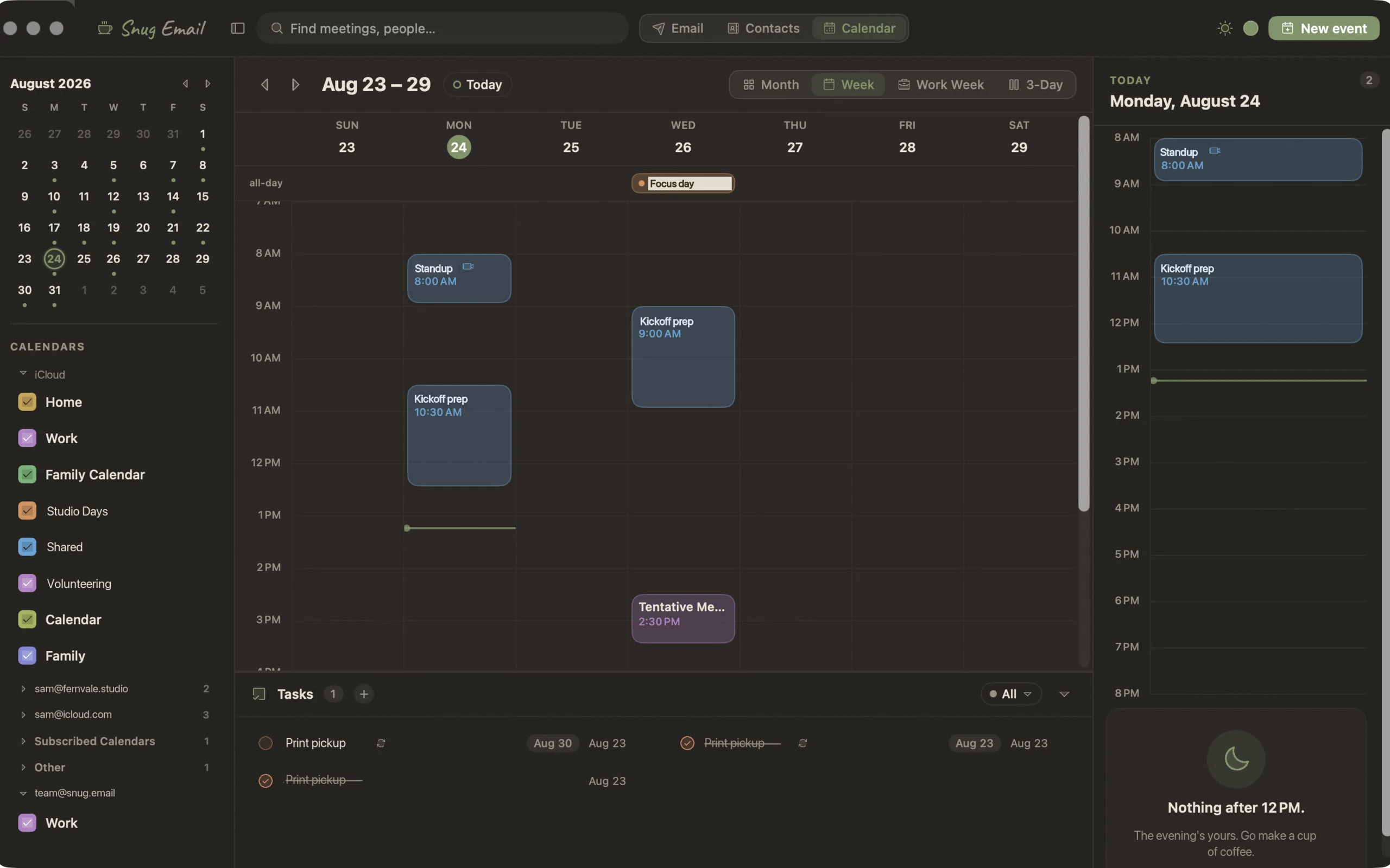 Snug Email week calendar for August 23 to 29, with the day's agenda beside it